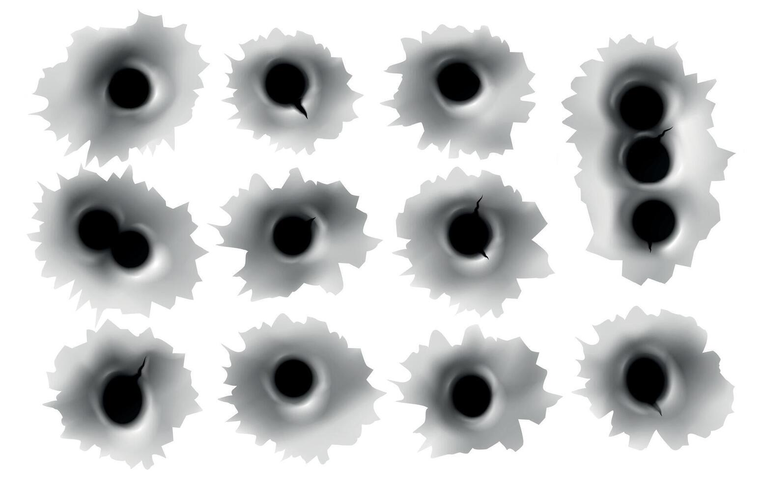 réaliste des trous de pistolet balles, coups dans métallique mur. tirer dommage effet. Feu arme cercle des fissures dans métal. acier Trou de balle vecteur ensemble