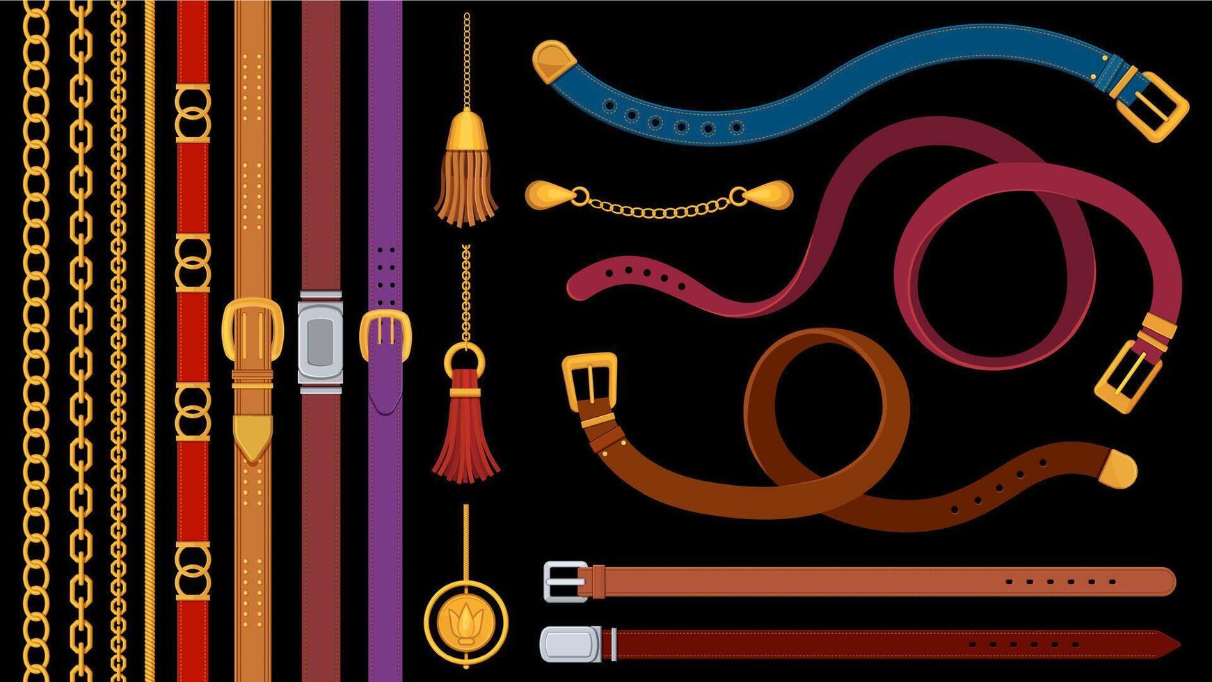 chaîne ceintures. brosses d'or Chaînes et cuir ceinture avec métal Boucle. bijoux pendentif, la frange, sangle et tresses. mode élément vecteur ensemble