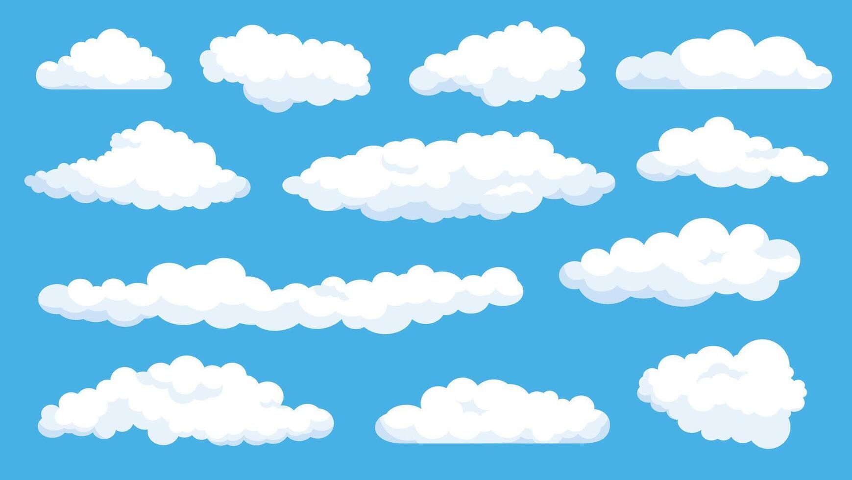 dessin animé duveteux blanc des nuages sur été bleu ciel. nuageux temps des bandes dessinées éléments. Facile plat abstrait nuage forme pour Jeu ou logo vecteur ensemble