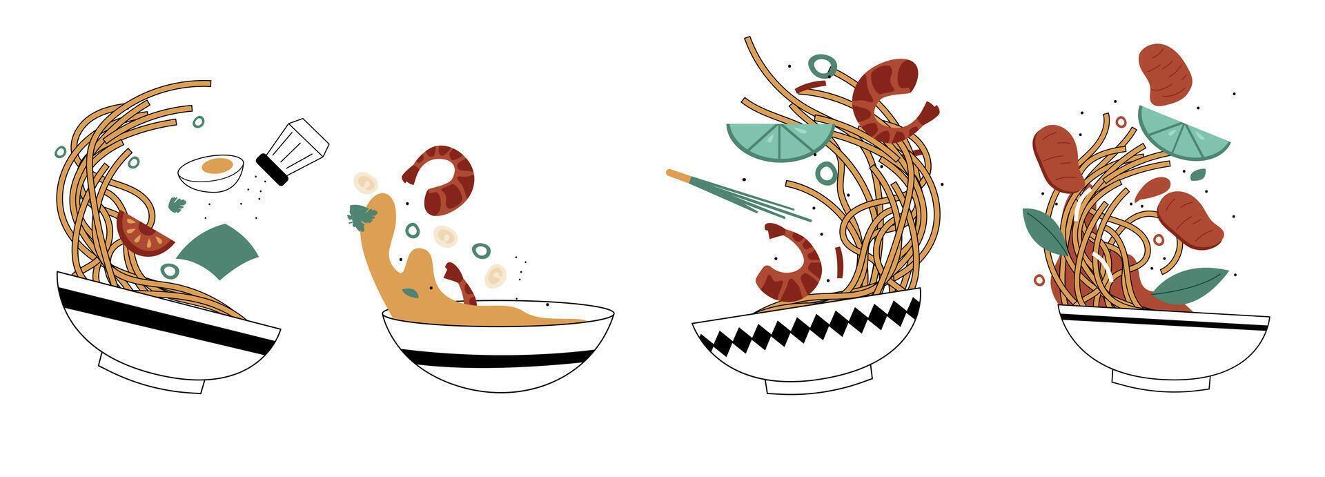 asiatique nourriture boules. griffonnage chute nouilles mer nourriture tranches et sauces dans braille, chinois Japonais et coréen traditionnel cuisine. vecteur illustration pour Restaurants