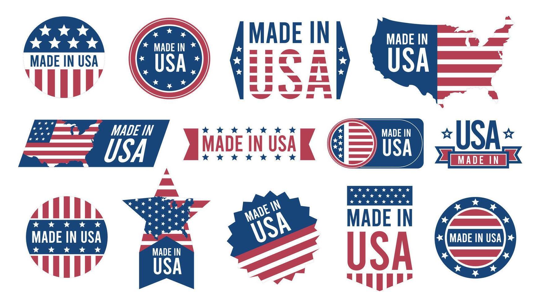 fabriqué dans Etats-Unis Étiquettes. rétro patriotique autocollants avec nationale américain drapeau rayures, nationale américain Etat carte emblème, national produit qualité garantie. vecteur ensemble