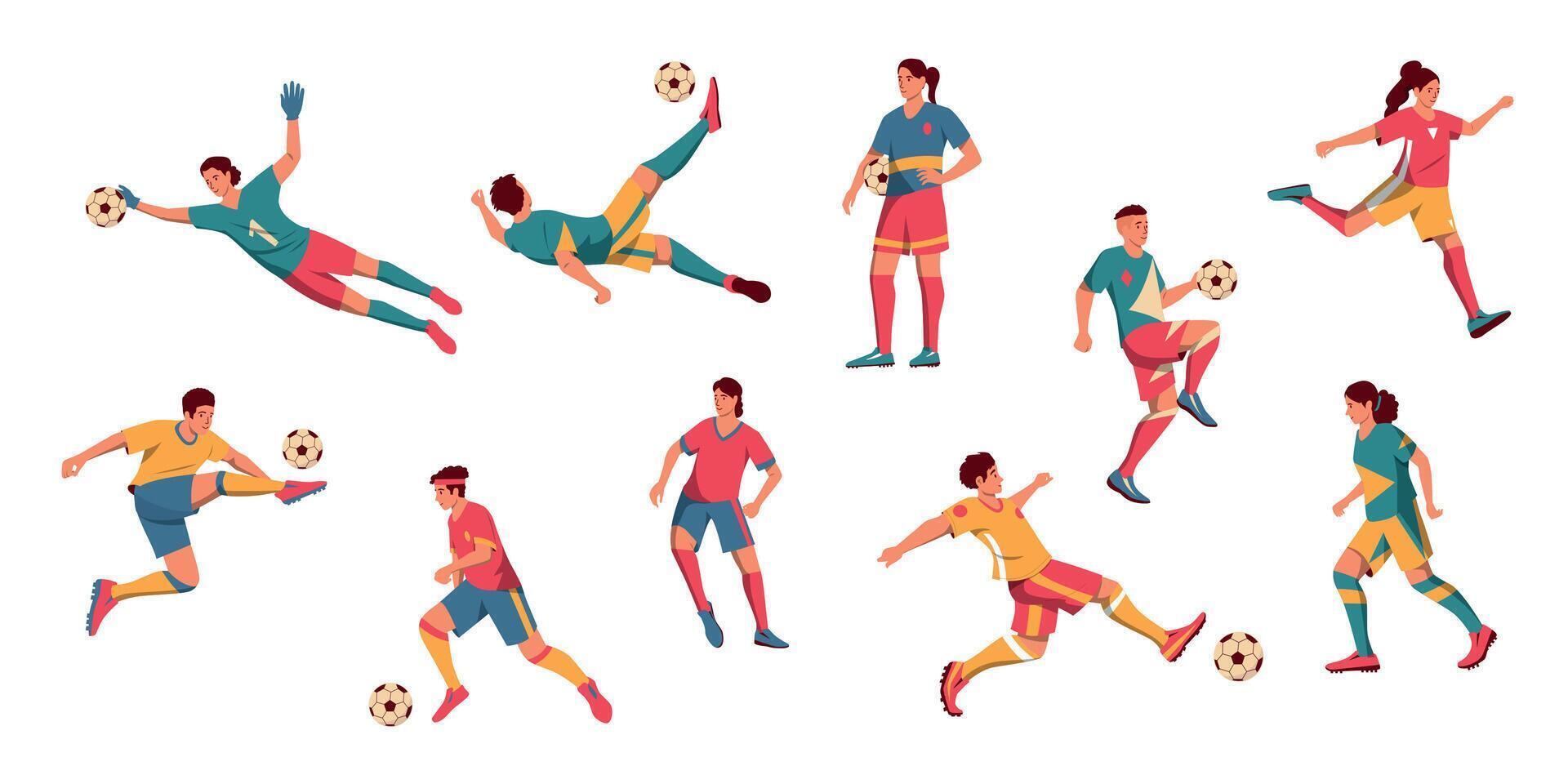 Hommes et femmes Football joueurs. dessin animé Masculin et femelle personnages en jouant football, Masculin et femelle les athlètes dans uniforme dribble et coups de pied balle. vecteur ensemble