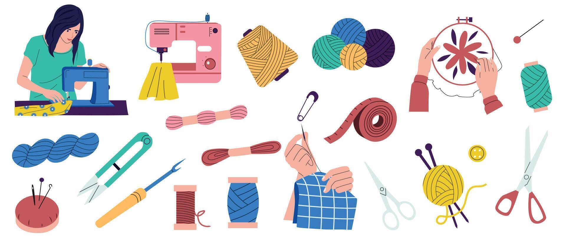 main couture. couture outils avec Fait main broderie, coloré équipement avec fil et tissu, plat coloré couture collection. vecteur ensemble