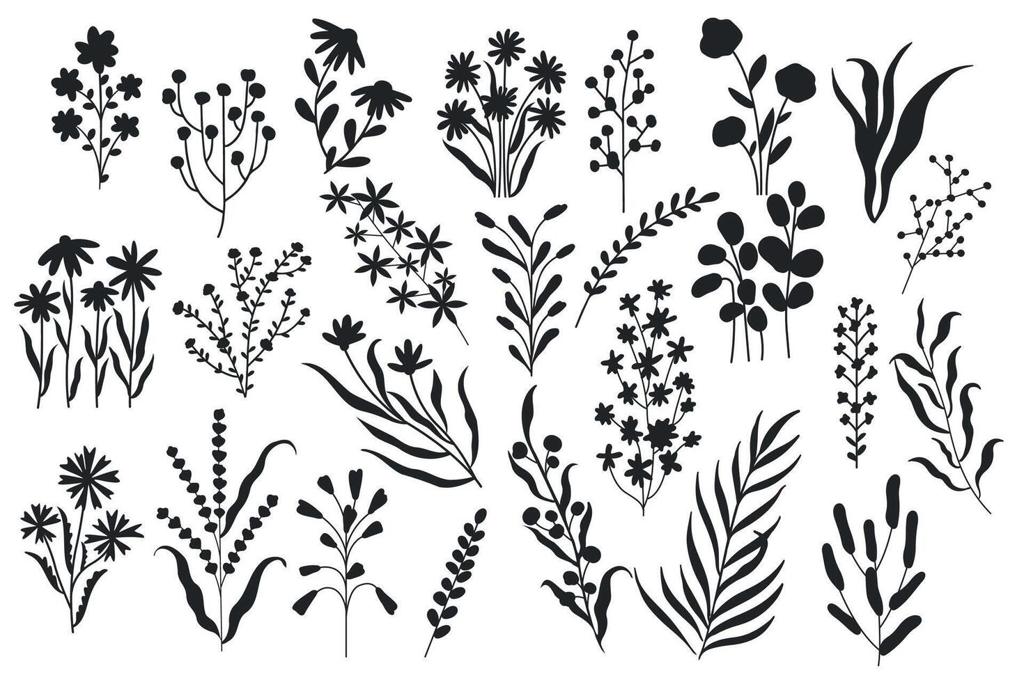 sauvage fleurs silhouette. minimaliste floral botanique éléments, la nature épanouissement botanique fleurs monochrome brosse dessins. vecteur isolé ensemble