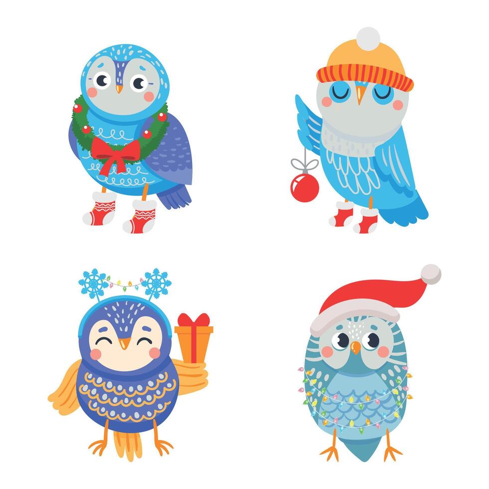 hiver hibou. marrant dessin animé des oiseaux avec Noël les attributs. animaux dans Noël couronne, vacances chaussettes en portant arbre balle, cadeau boîte. de bonne humeur personnages portant Père Noël chapeau vecteur isolé ensemble