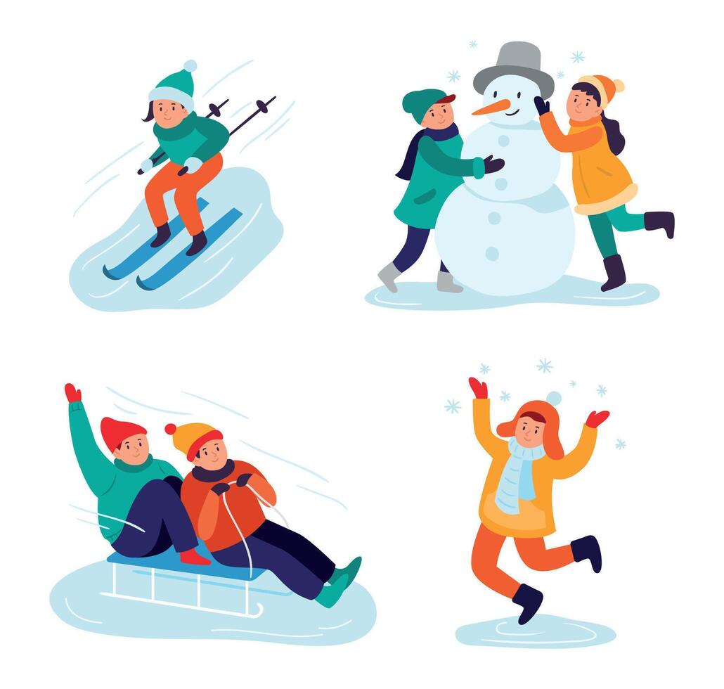 hiver des gamins activités. de bonne humeur les enfants ski sur neigeux collines, fabrication bonhomme de neige avec chapeau, équitation une luge vecteur
