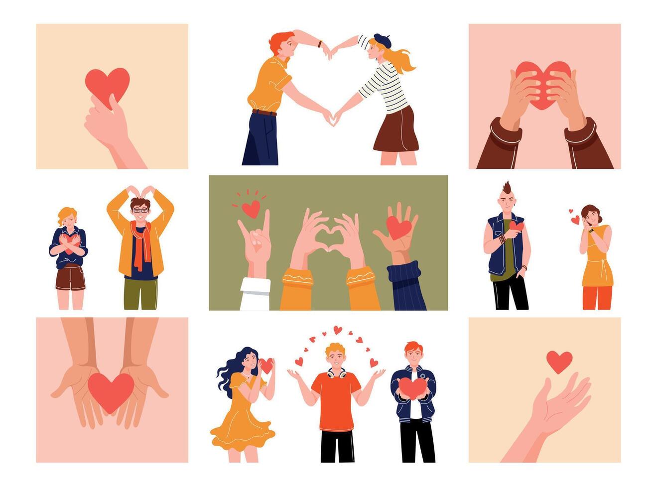 mains avec cœurs. dessin animé soutien et charité concept avec Humain mains et personnages en portant rouge cœurs, charité et don graphique. vecteur isolé ensemble