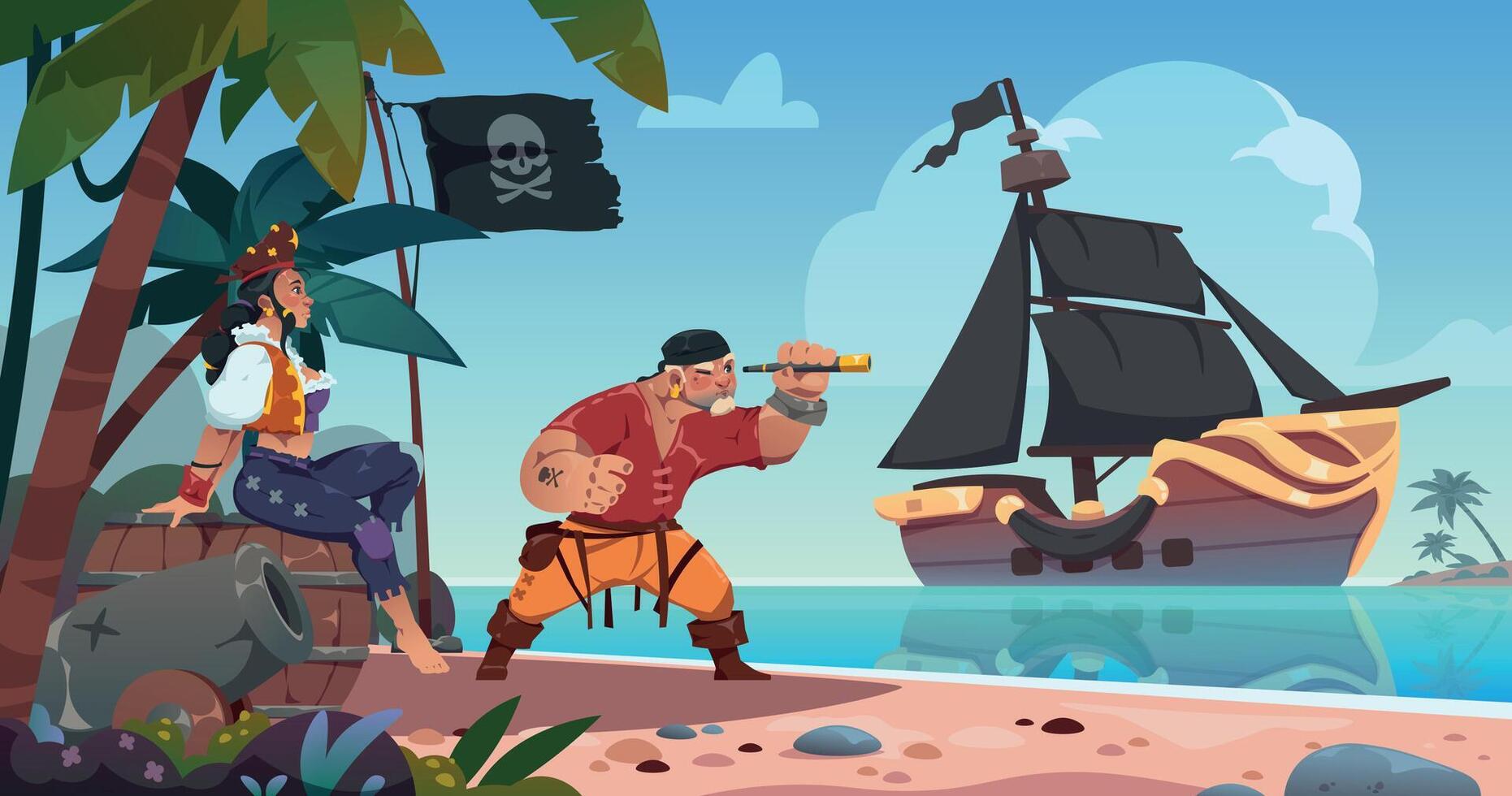 pirates sur tropical île. mer paysage avec pirate navire et Masculin personnage à la recherche à longue-vue. dessin animé femme séance sur en bois baril vecteur