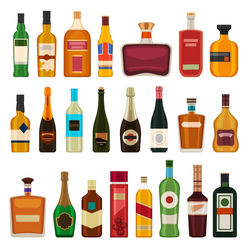 de l'alcool les boissons dans bouteilles. plat whisky, alcool, Bière dans verre bouteille. dessin animé bar cocktail breuvages, rhum, du vin et vodka. biberonner vecteur ensemble