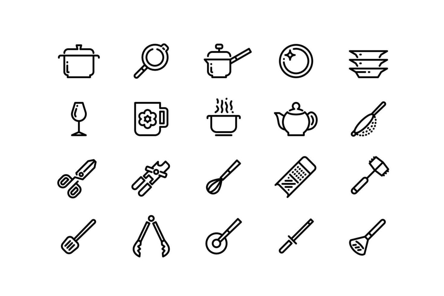 ustensiles de cuisine ligne Icônes. nettoyer vaisselle cuisine pot friture la poêle râpe passoire du vin verre thé pot tasse sauce la poêle contour symboles. vecteur cuisine ustensiles ensemble modifiable accident vasculaire cérébral