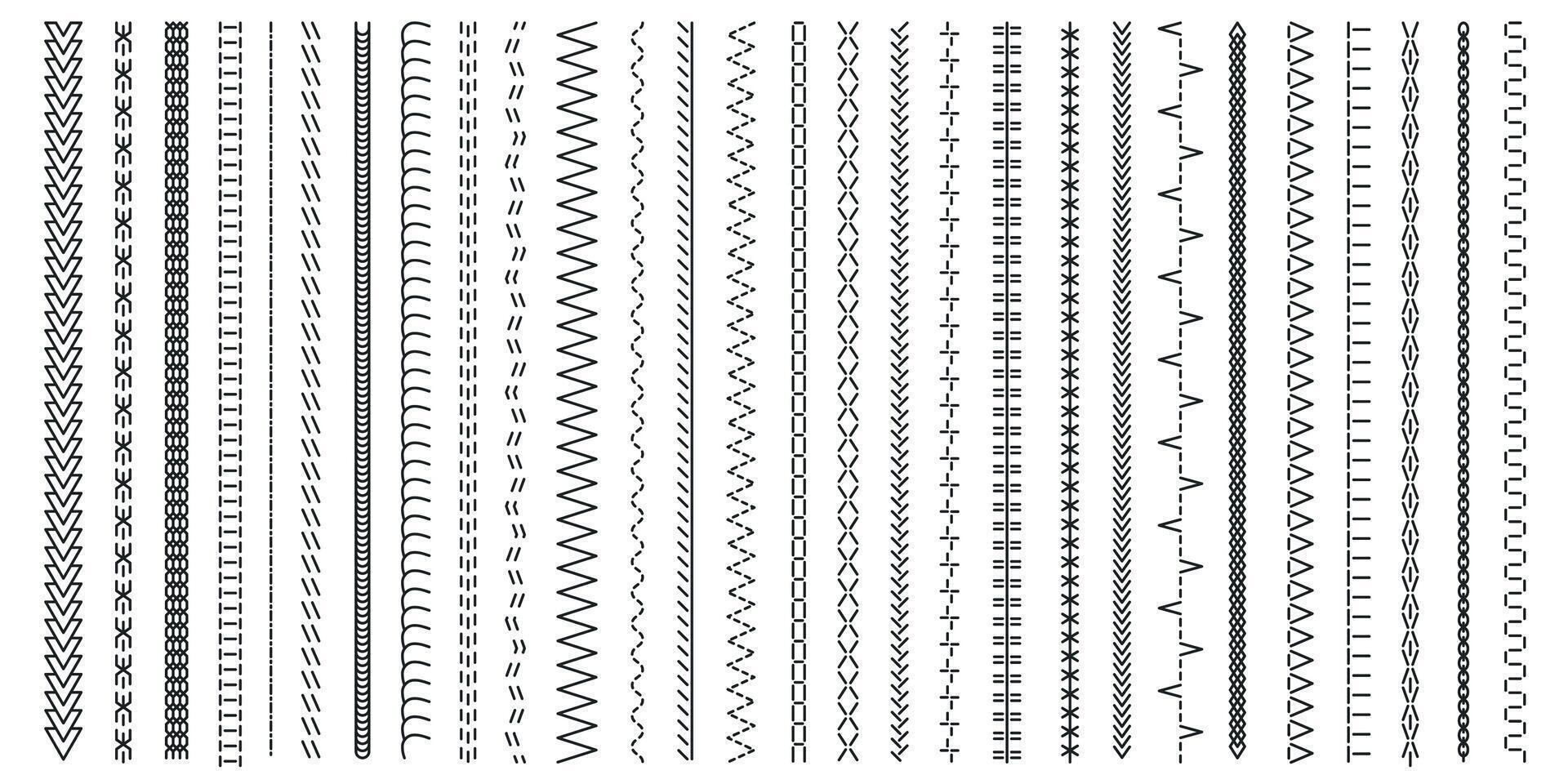 noir des points de suture collection. sans couture impression de décoratif traverser point motifs, vieux mode broderie dentelle brosse fil conception. vecteur ensemble