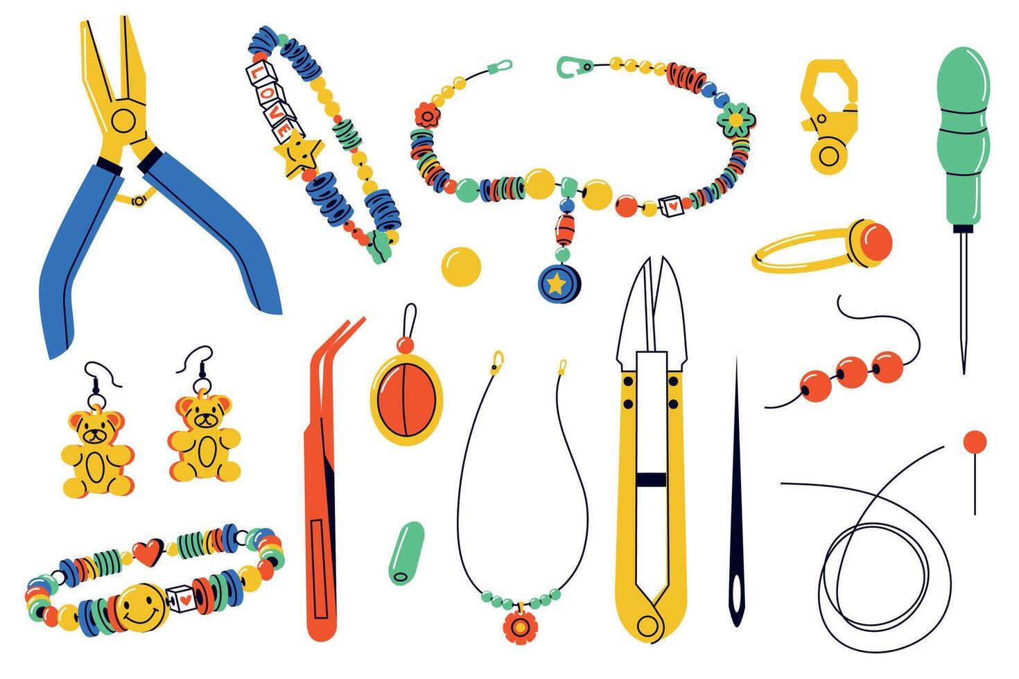 bijoux fabrication outils. dessin animé Fait main accessoires avec instruments, plat bracelet Collier bague des boucles d'oreilles loisir DIY, atelier concept. vecteur ensemble