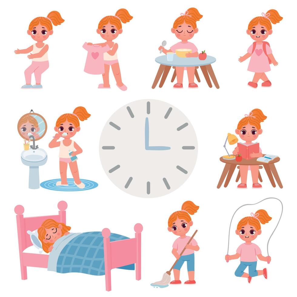 mignonne peu école fille journée routine calendrier. dessin animé enfant activité, exercer, robe, brosse les dents et corvées. vecteur du quotidien graphique pour enfant