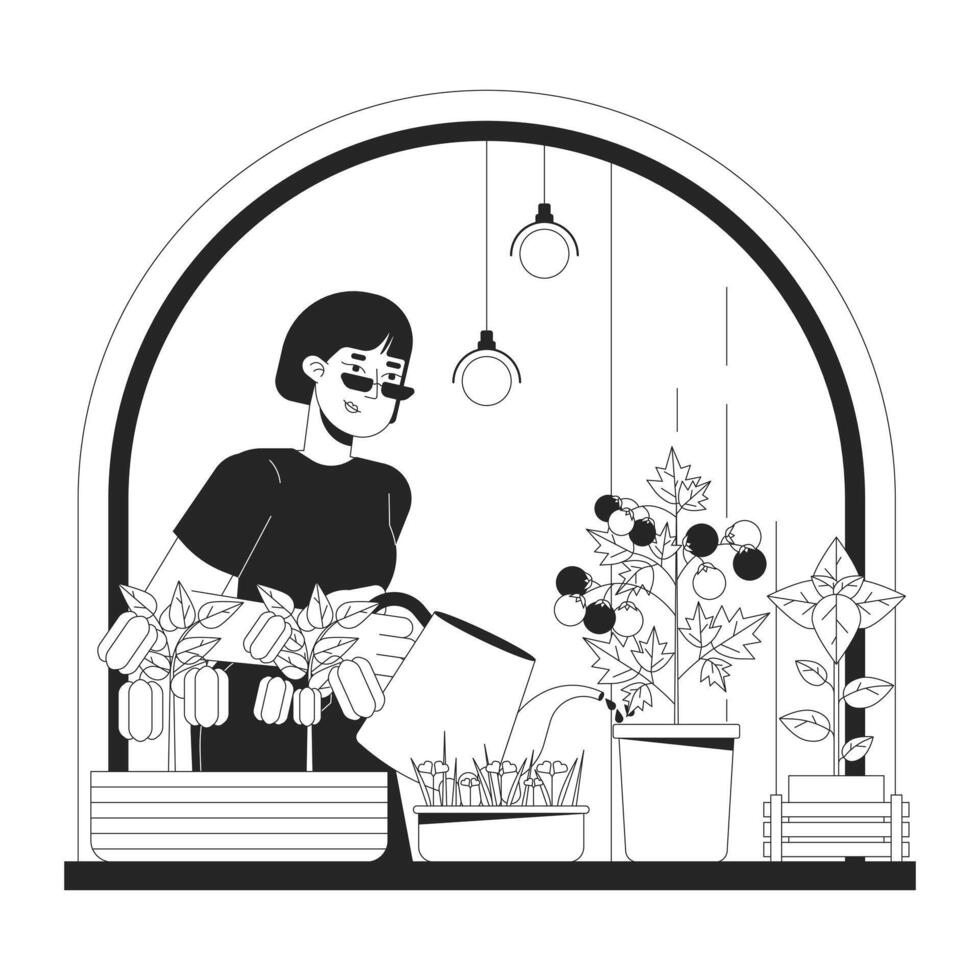 croissance intérieur légumes rebord de fenêtre noir et blanc dessin animé plat illustration. asiatique femme 2d lineart personnage isolé. réduire électricité usage. économie énergie Accueil monochrome vecteur contour image