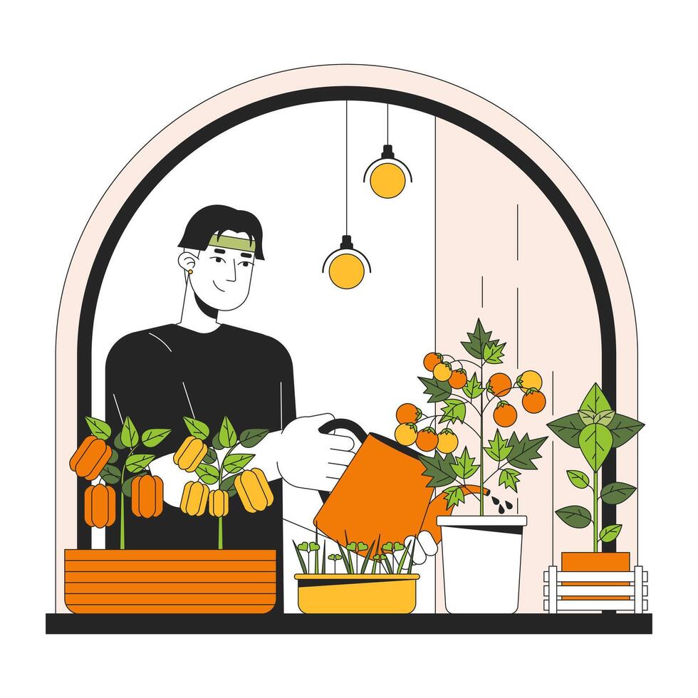 intérieur légume jardinage ligne dessin animé plat illustration. asiatique Masculin arrosage des légumes 2d lineart personnage isolé sur blanc Contexte. réduire énergie frais. à Accueil scène vecteur Couleur image