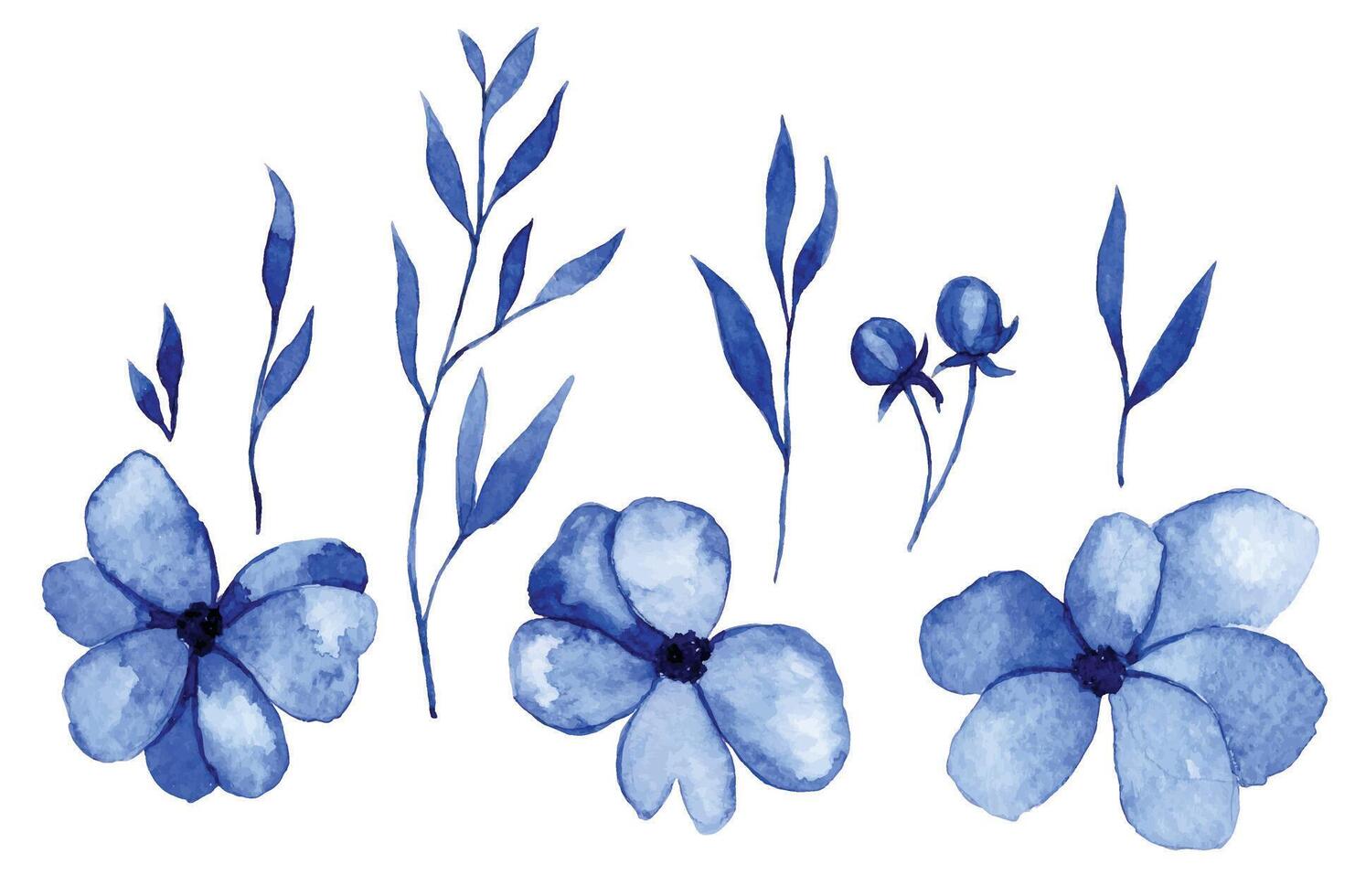 aquarelle dessin, ensemble de abstrait fleurs et feuilles dans bleu. Facile botanique illustration vecteur