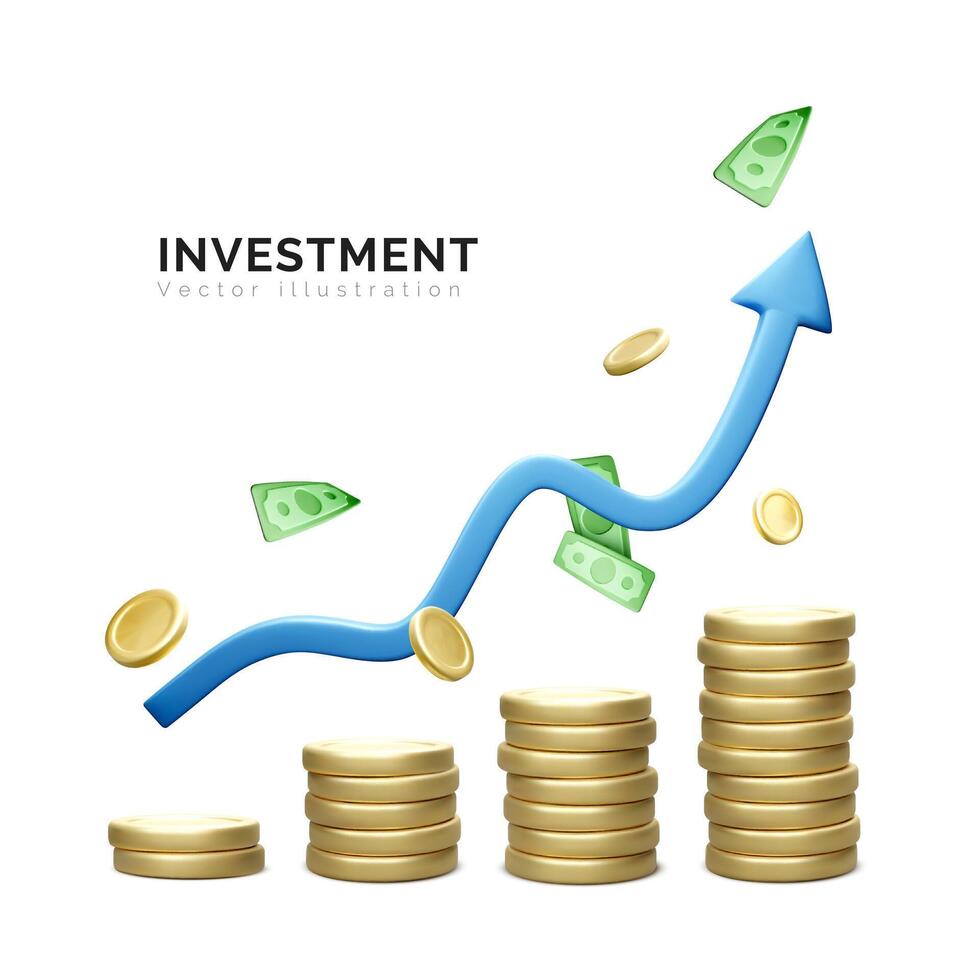 3d argent pièce de monnaie empiler et bleu La Flèche en haut isolé sur blanc Contexte. pièce de monnaie empiler croissance affaires bannière. investissement et argent revenus croissance concept. vecteur illustration