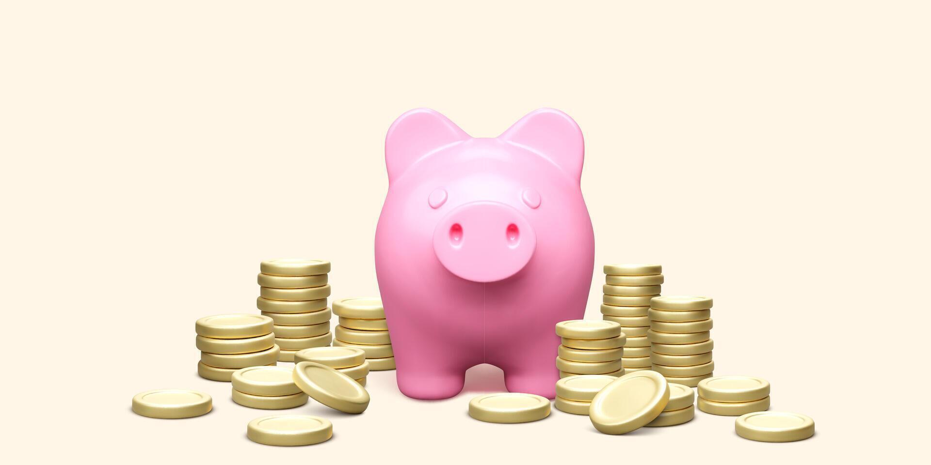 rose porcin banque avec empiler de or pièces de monnaie. argent des économies concept. 3d réaliste porc et argent. la finance investissement et affaires concept. vecteur illustration