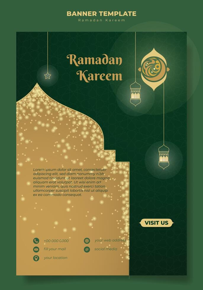 portrait bannière avec scintillait dans vert Jaune Contexte avec ligne art de lanterne et étoile pour Ramadan kareem conception. arabe texte signifier est Ramadan Karim. vert islamique bannière conception vecteur