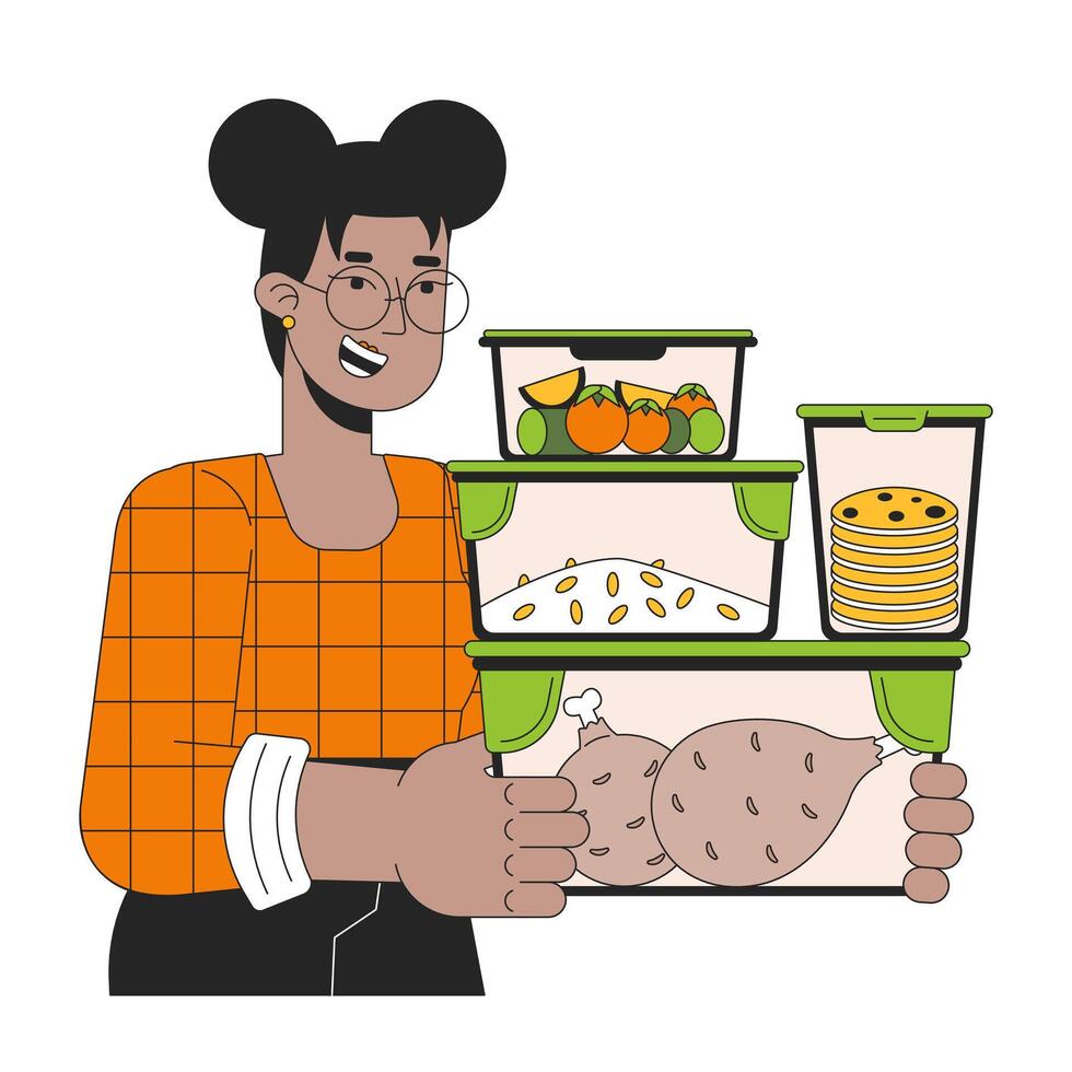 porter repas préparation conteneurs ligne dessin animé plat illustration. noir femme 2d lineart personnage isolé sur blanc Contexte. énergie efficace cuisson. économie énergie à Accueil scène vecteur Couleur image