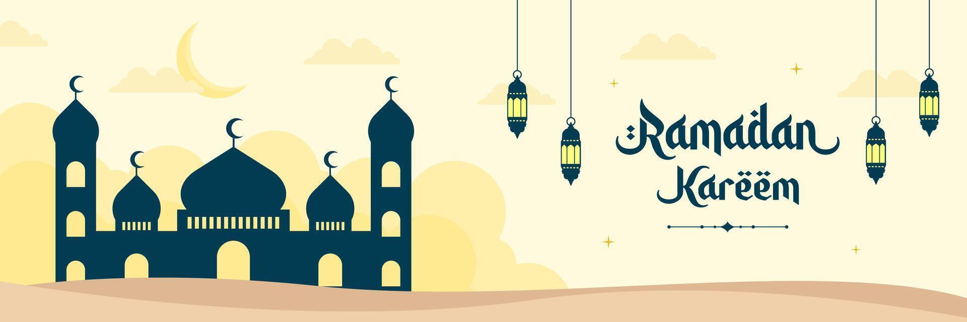islamique salutations Ramadan Karim. modèle bannière Contexte conception avec mosquée et lanternes. Ramadan vecteur des illustrations