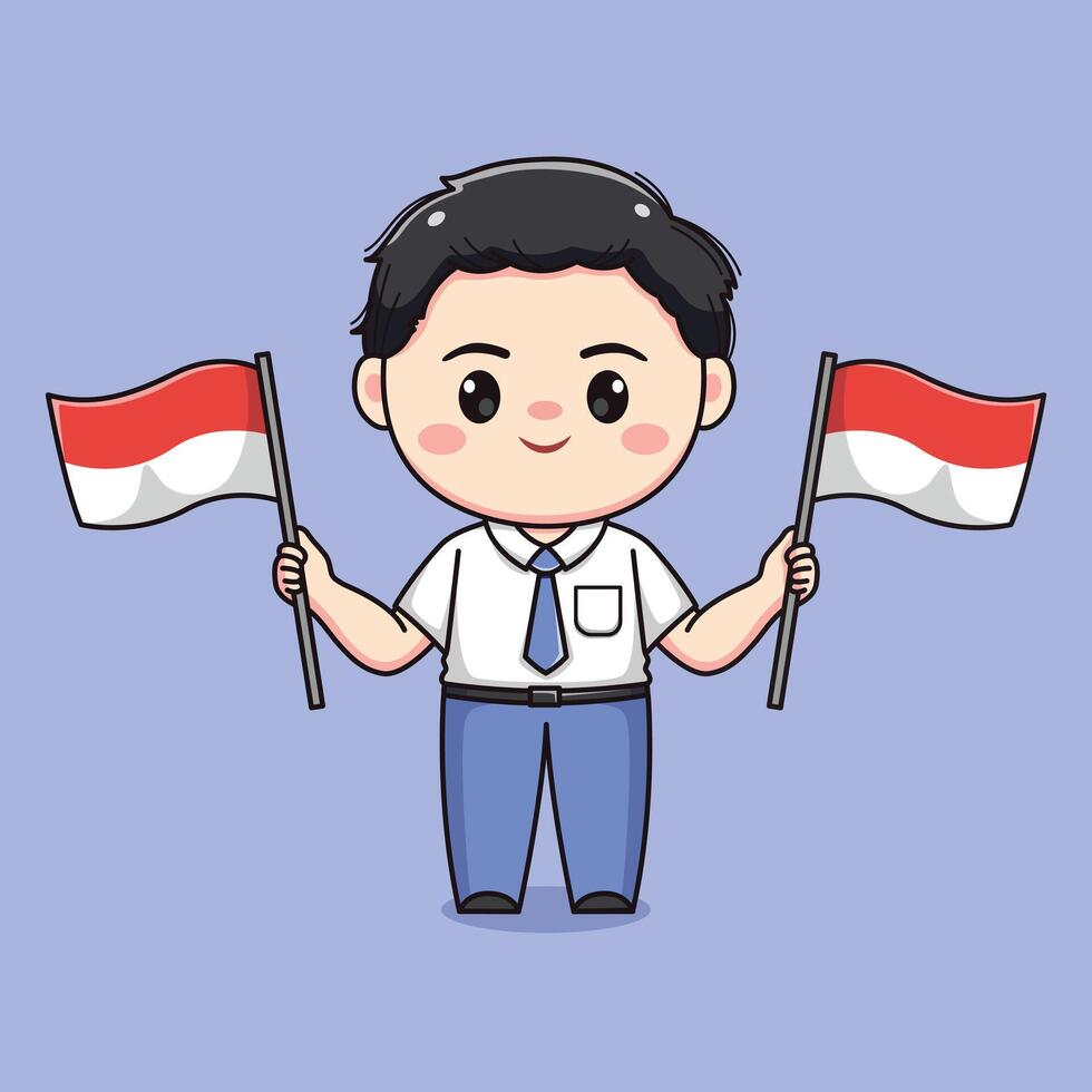 mignonne haute école étudiant garçon en portant indonésien drapeau chibi kawaii vecteur