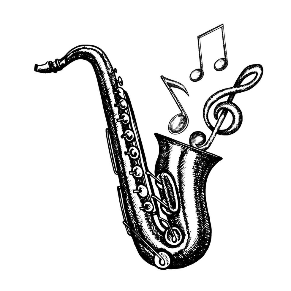 saxophone avec musical Remarques, graphique vecteur noir et blanc illustration. pour affiches, prospectus et invitation cartes. pour bannières et cartes postales. pour logos, insignes, autocollants et impressions.