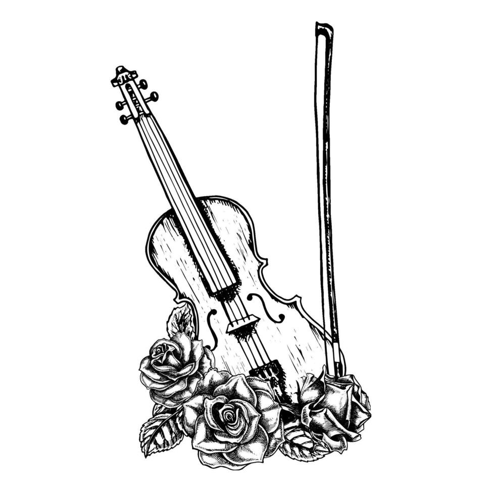 violon décoré avec des roses, graphique vecteur noir et blanc illustration. pour affiches, prospectus et invitation cartes. pour bannières et cartes postales. pour logos, insignes, autocollants et impressions. pour cartes postales.