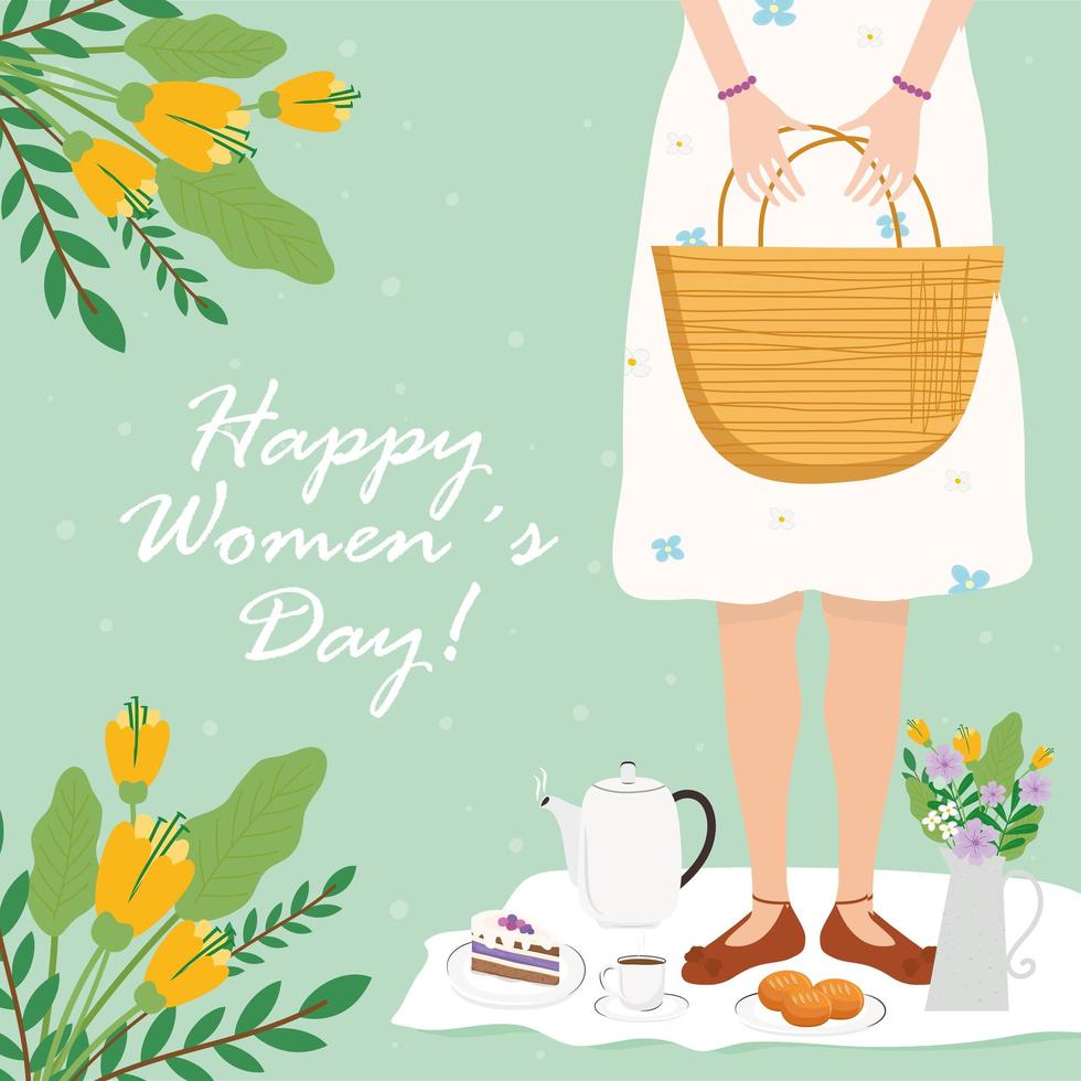 Happy womens day lettrage carte avec sac de levage femme avec petit déjeuner vecteur