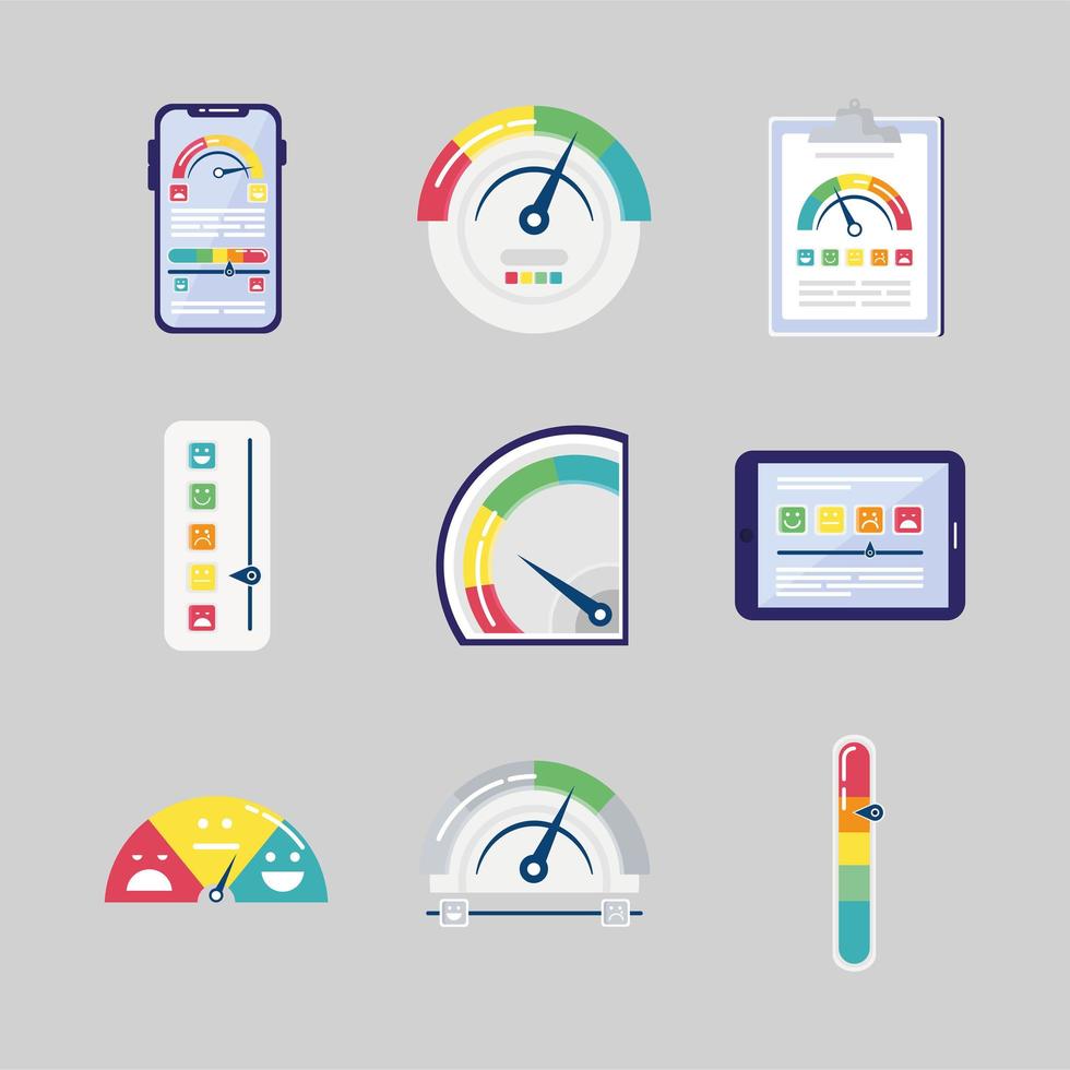 ensemble de neuf icônes de jeu de satisfaction client vecteur