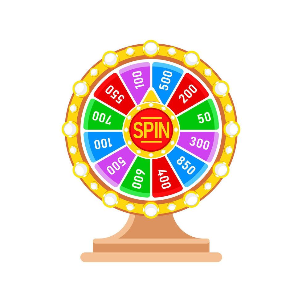 vibrant prix roue avec divers But sections et une central tourner bouton, entouré par lumières, idéal pour Jeux et promotions vecteur