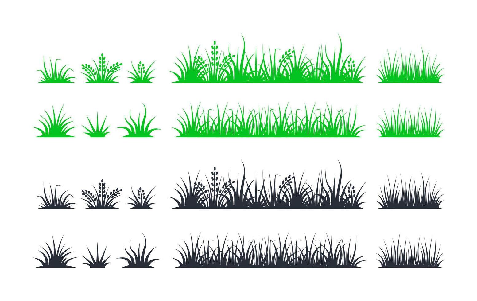 ensemble de vert et noir herbe silhouettes avec différent longueurs et fleur bourgeons, adapté pour environnement et paysage dessins vecteur