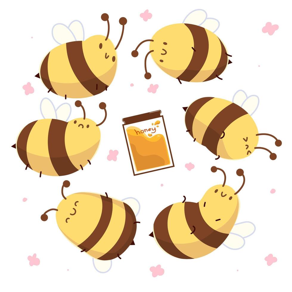 une ensemble de vecteur images de mignonne les abeilles dans Jaune et marron nuances, avec différent émotions de content à triste