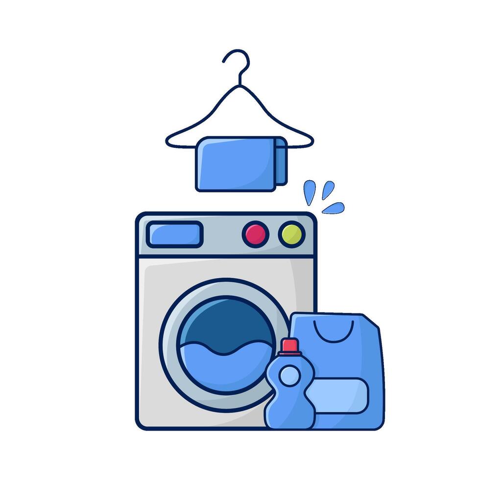 la lessive machine, serviette pendaison avec bouteille détergent illustration vecteur