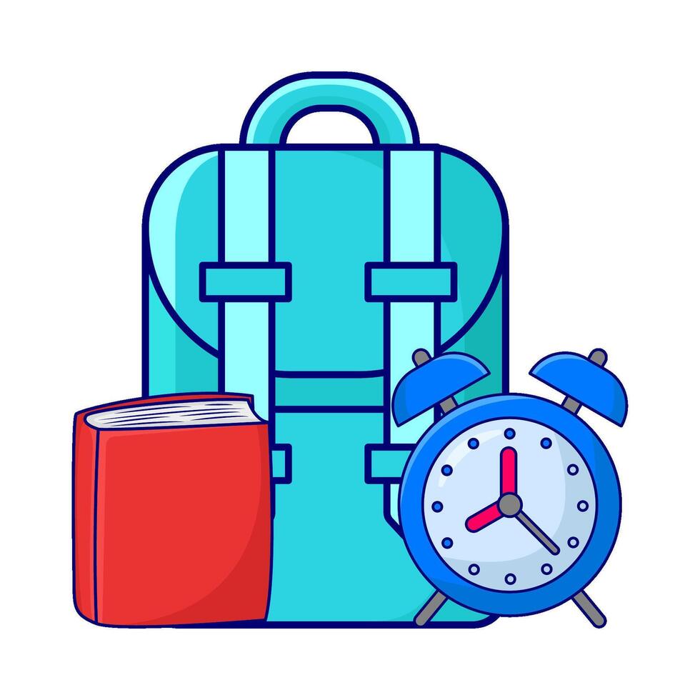 sac à dos école, alarme l'horloge temps avec livre illustration vecteur