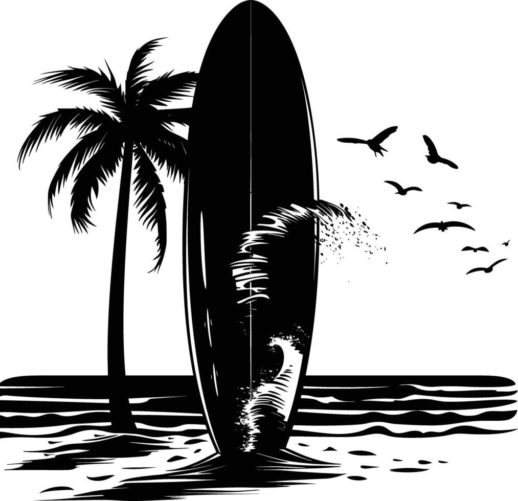 ai généré silhouette surfant planche sur le plage noir Couleur seulement vecteur