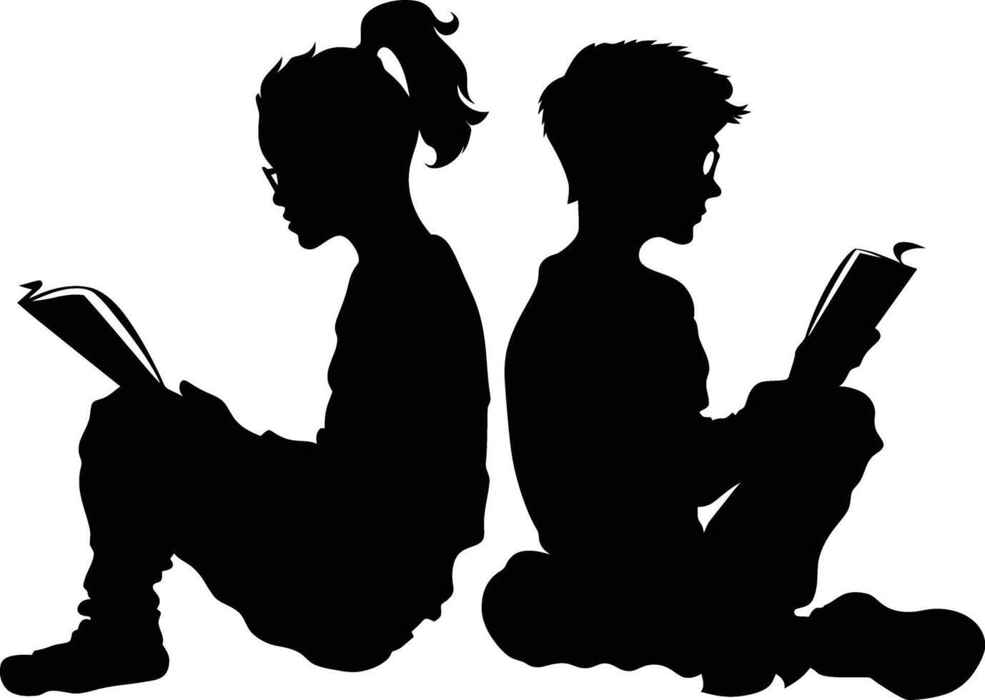 ai généré silhouette adolescent fille et garçon en train de lire livre ensemble noir Couleur seulement vecteur