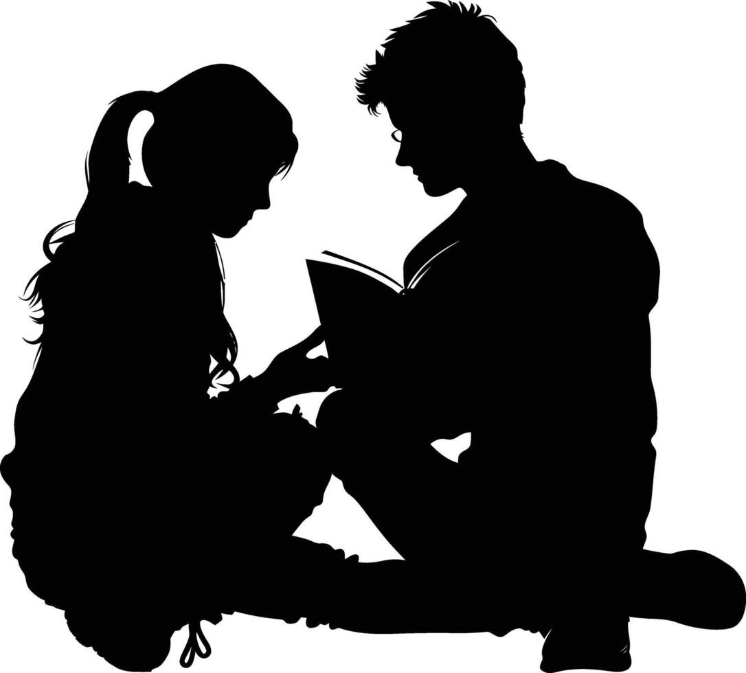 ai généré silhouette adolescent fille et garçon en train de lire livre ensemble noir Couleur seulement vecteur