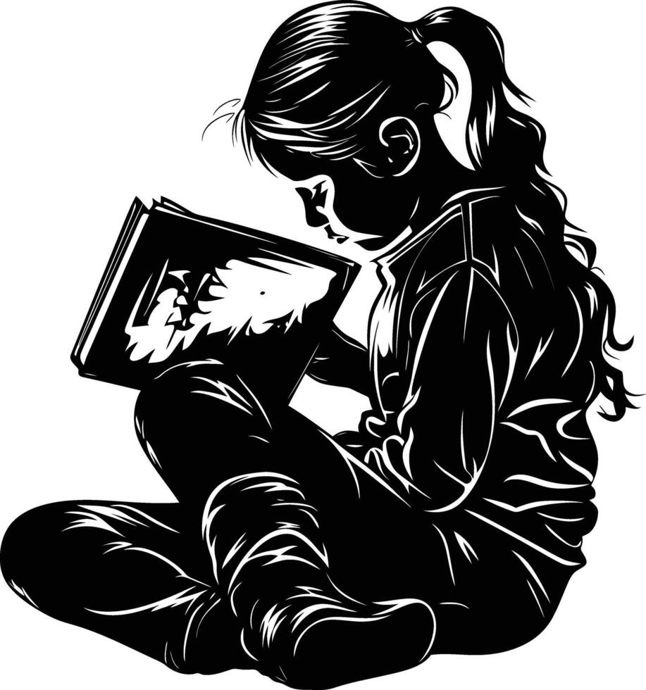 ai généré silhouette adolescent fille en train de lire livre noir Couleur seulement vecteur