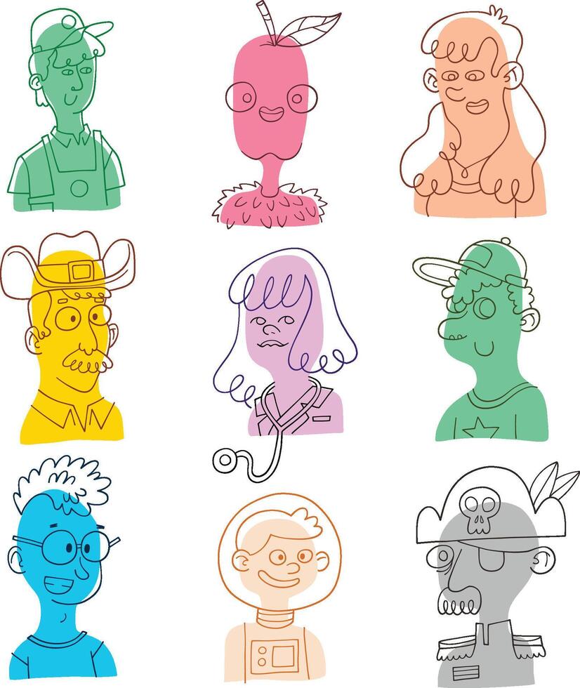 mignonne coloré et brillant forme portrait gens personnages dessin animé têtes vecteur
