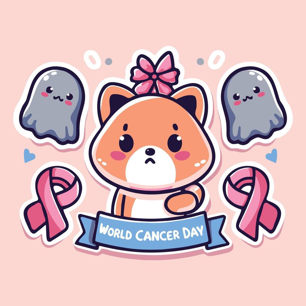 mignonne dessin animé kawaii chien avec ruban. vecteur illustration. monde cancer journée.