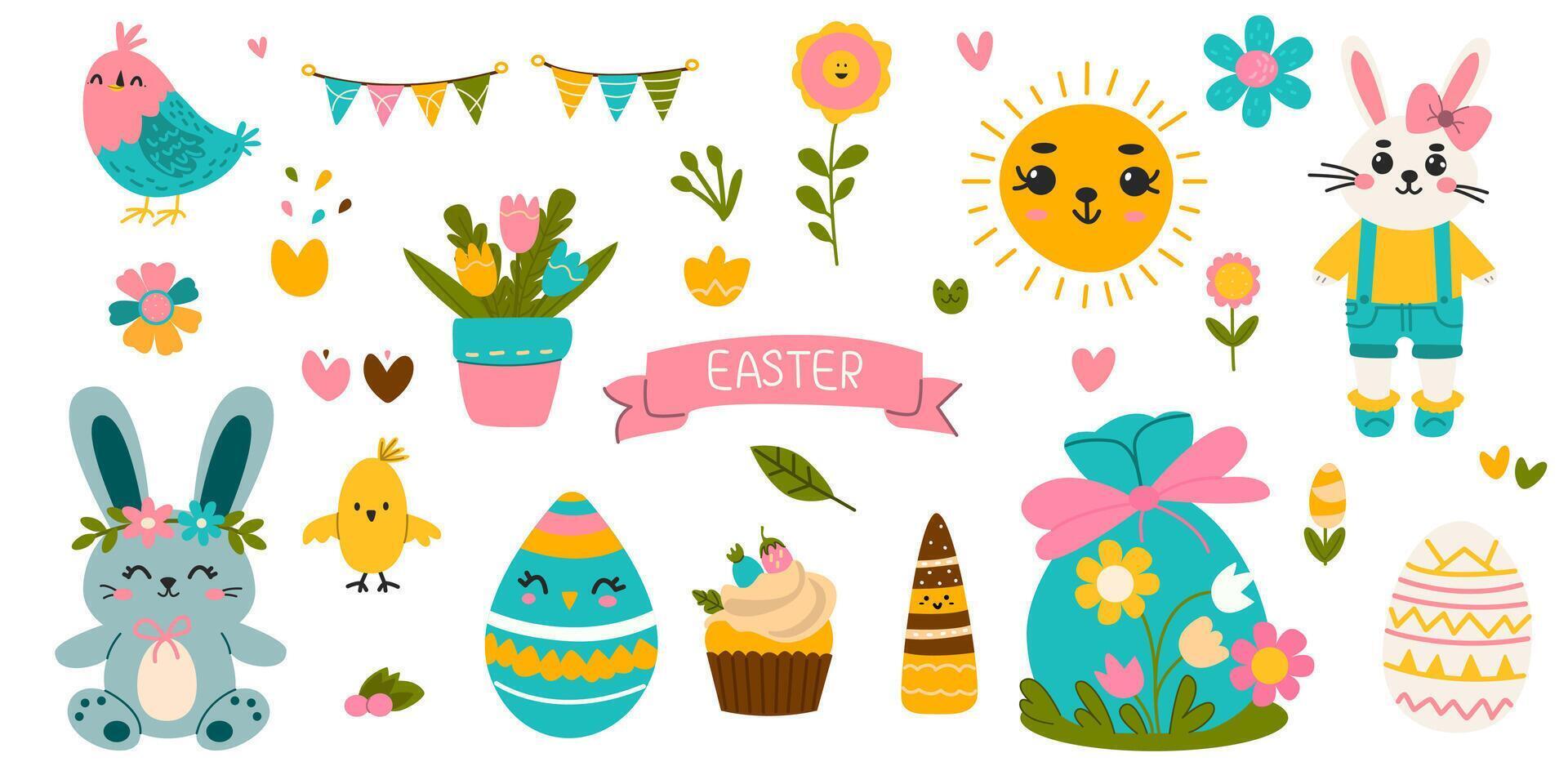 mignonne ensemble de éléments pour le Pâques vacances. lapin, œufs, soleil, tulipes, fleurs, petit gâteau, de fête guirlande. vecteur illustration pour salutation cartes.