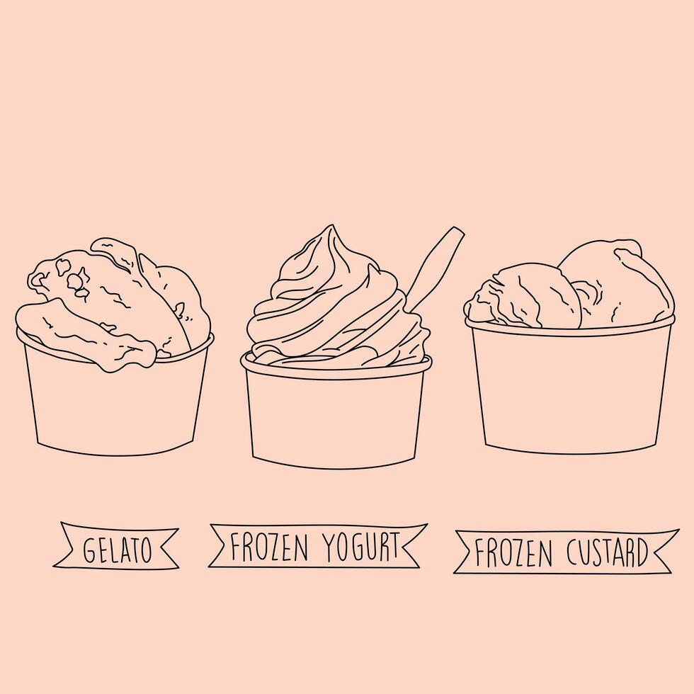 ensemble de la glace crème dessert linéaire isolé été illustration pour menu vecteur