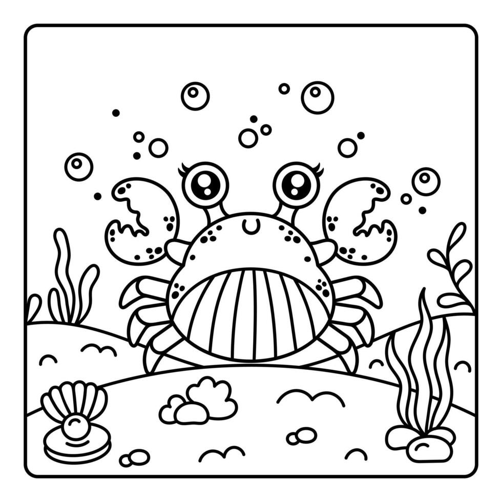 Crabe coloration livre. mignonne crustacé animal sourit et vagues ses les griffes. une animal de compagnie sur le fond marin parmi algue, coquilles, perles. page pour amusant, apprentissage. contour, contour dessin. bande dessinée clipart pour des gamins vecteur