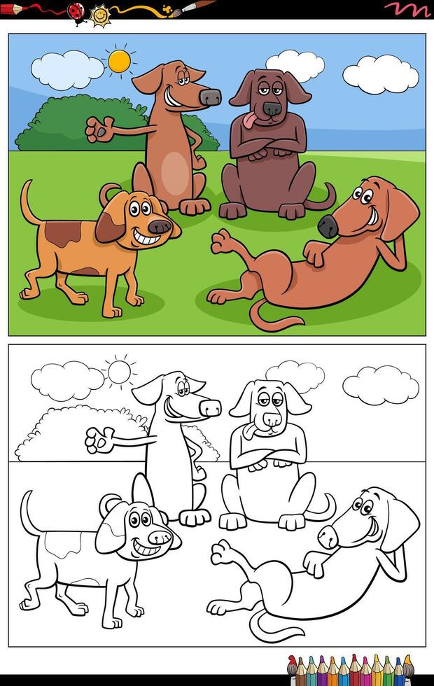 dessin animé chiens ou chiots personnages groupe coloration page vecteur