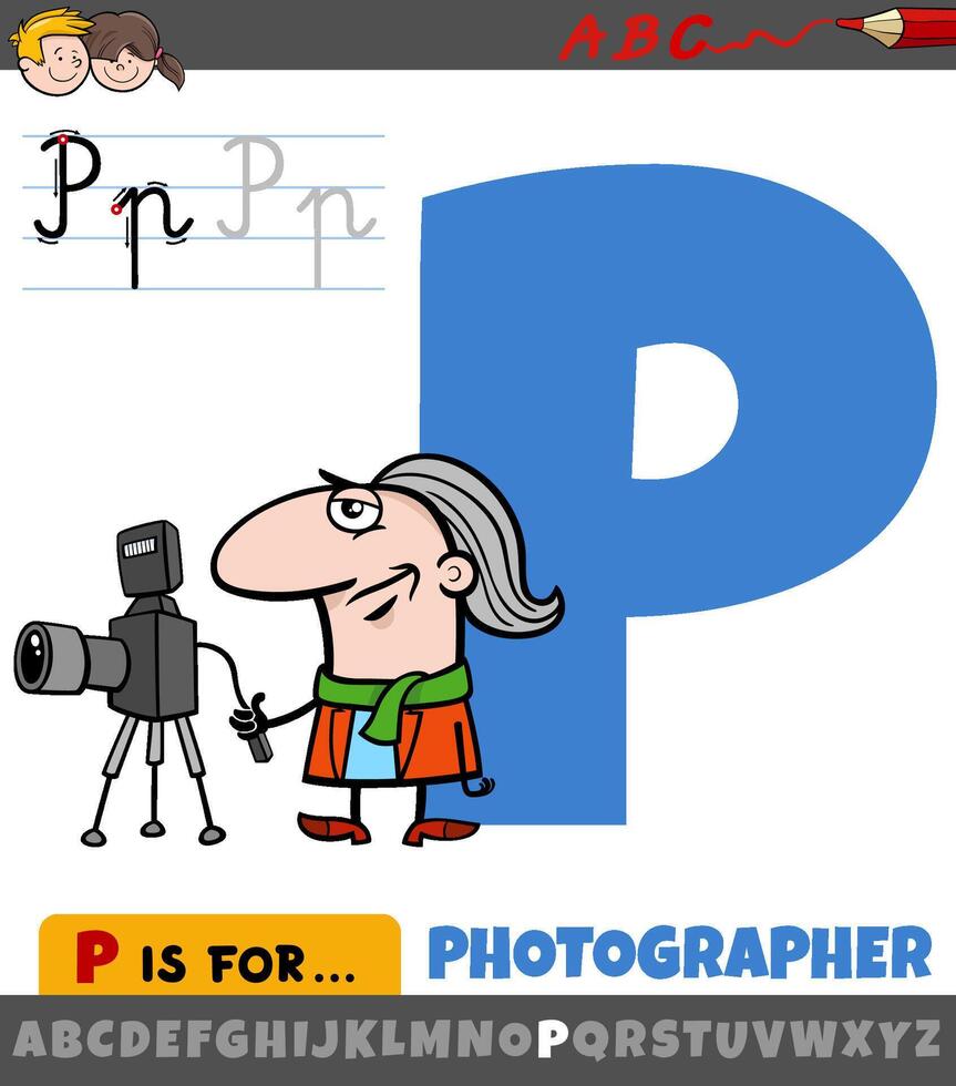 lettre p de alphabet avec dessin animé photographe personnage vecteur