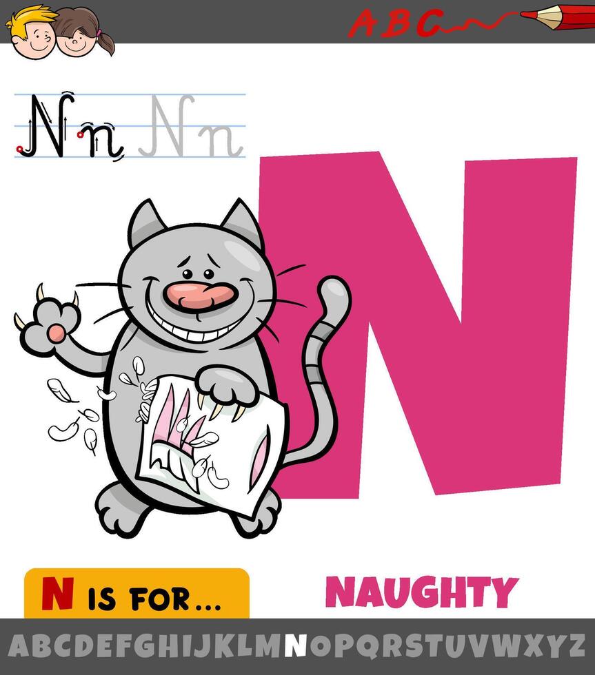 lettre n de alphabet avec dessin animé vilain chat vecteur