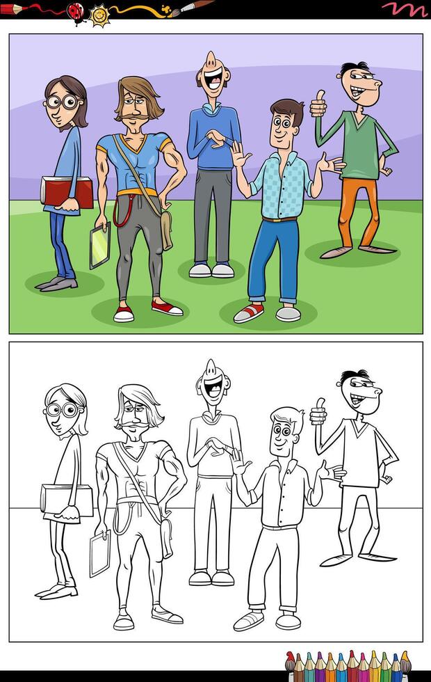 dessin animé Jeune Hommes personnages groupe coloration page vecteur