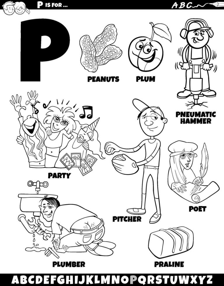 lettre p ensemble avec dessin animé objets et personnages coloration page vecteur