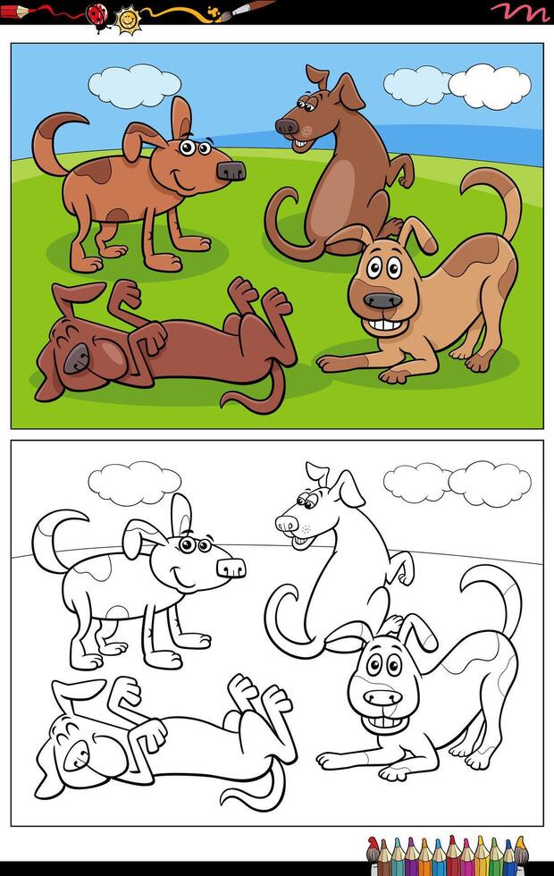 dessin animé chiens ou chiots personnages groupe coloration page vecteur